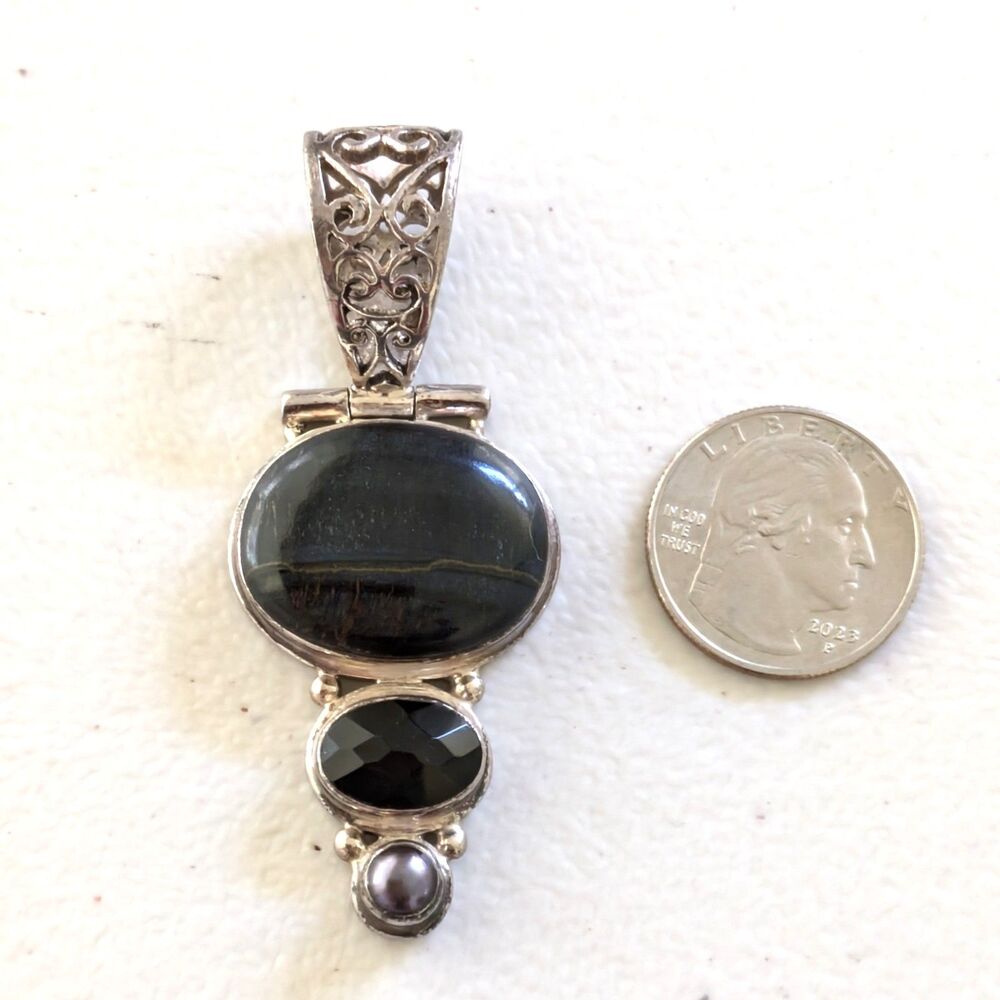 Vintage Sterling Silver 925 Large Pendant Stone Onyx Pearl Triple Drop Statement - Picture 11 of 12